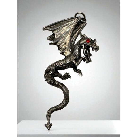 Silver Tone Large Dragon Pendant Charm Red Rhinestone Eye Mystical Fantasy - Picture 1 of 7